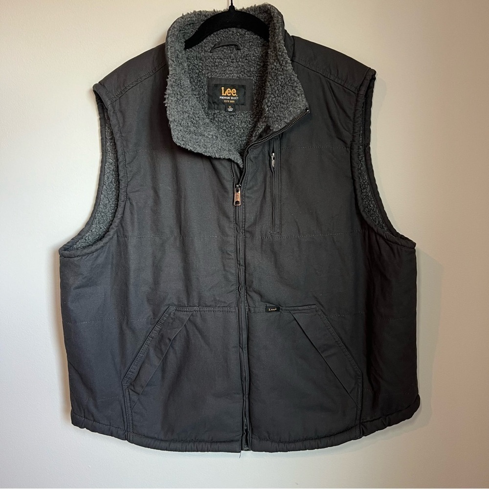Lee Sherpa Lined Vest Dark Gray Full Zip Pockets Workwear Duck Canvas Mens Sz XL